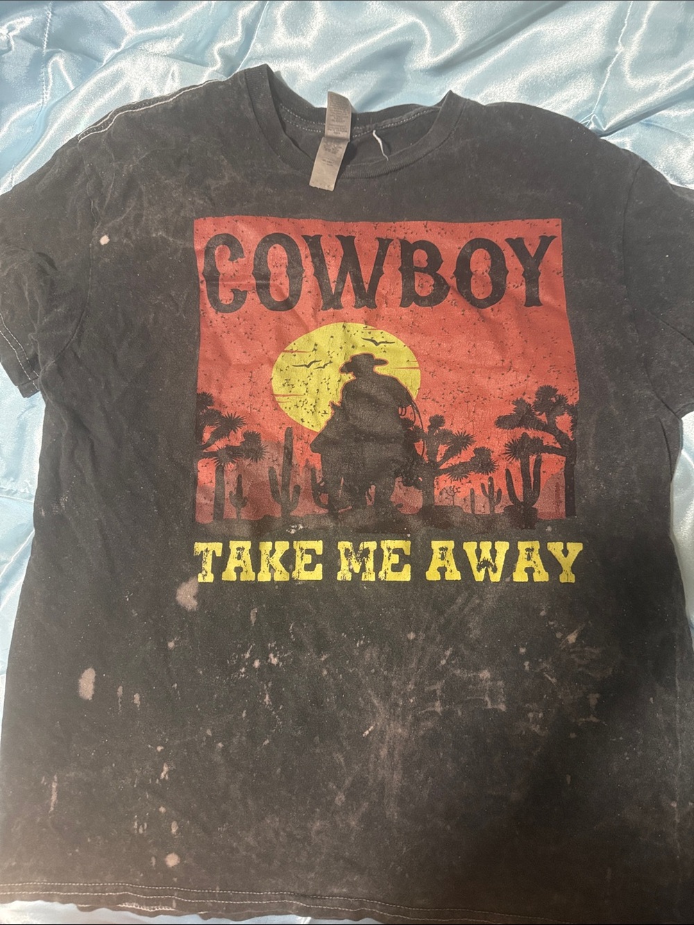 Gildan Black Tee with Red Sunset and Yellow Sun Cowboy Graphic